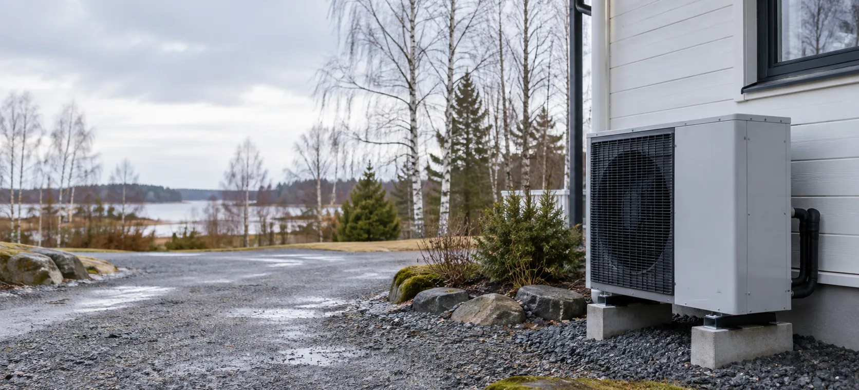 Havainnekuva harmaasta ilmavesilämpöpumpun ulkoyksiköstä valkoisen talon seinustalla kosteassa kevättalven pihassa.