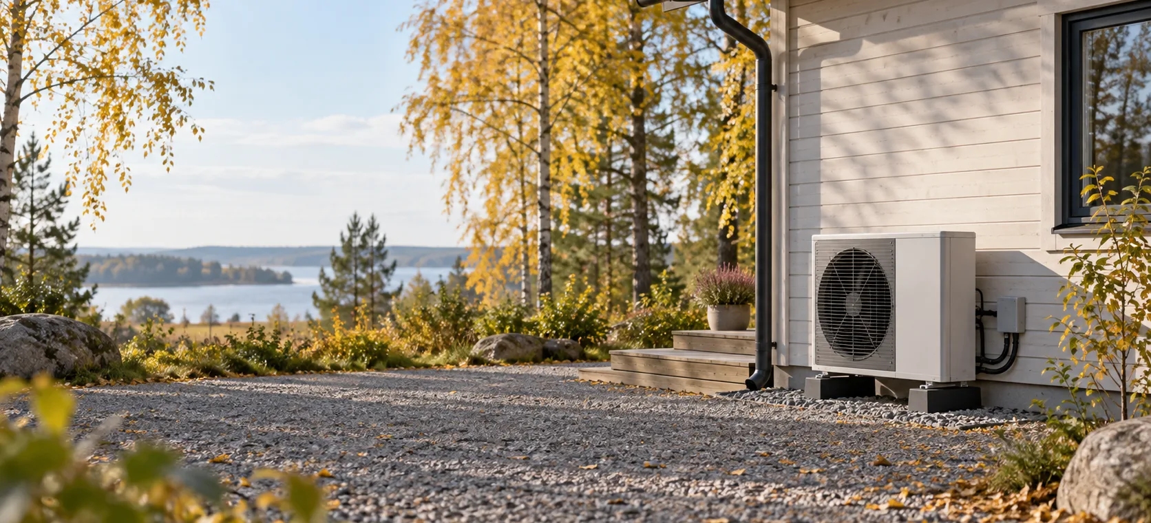 Havainnekuva ilmavesilämpöpumpun ulkoyksiköstä vaalean talon vieressä koivujen ja syyspihan äärellä.