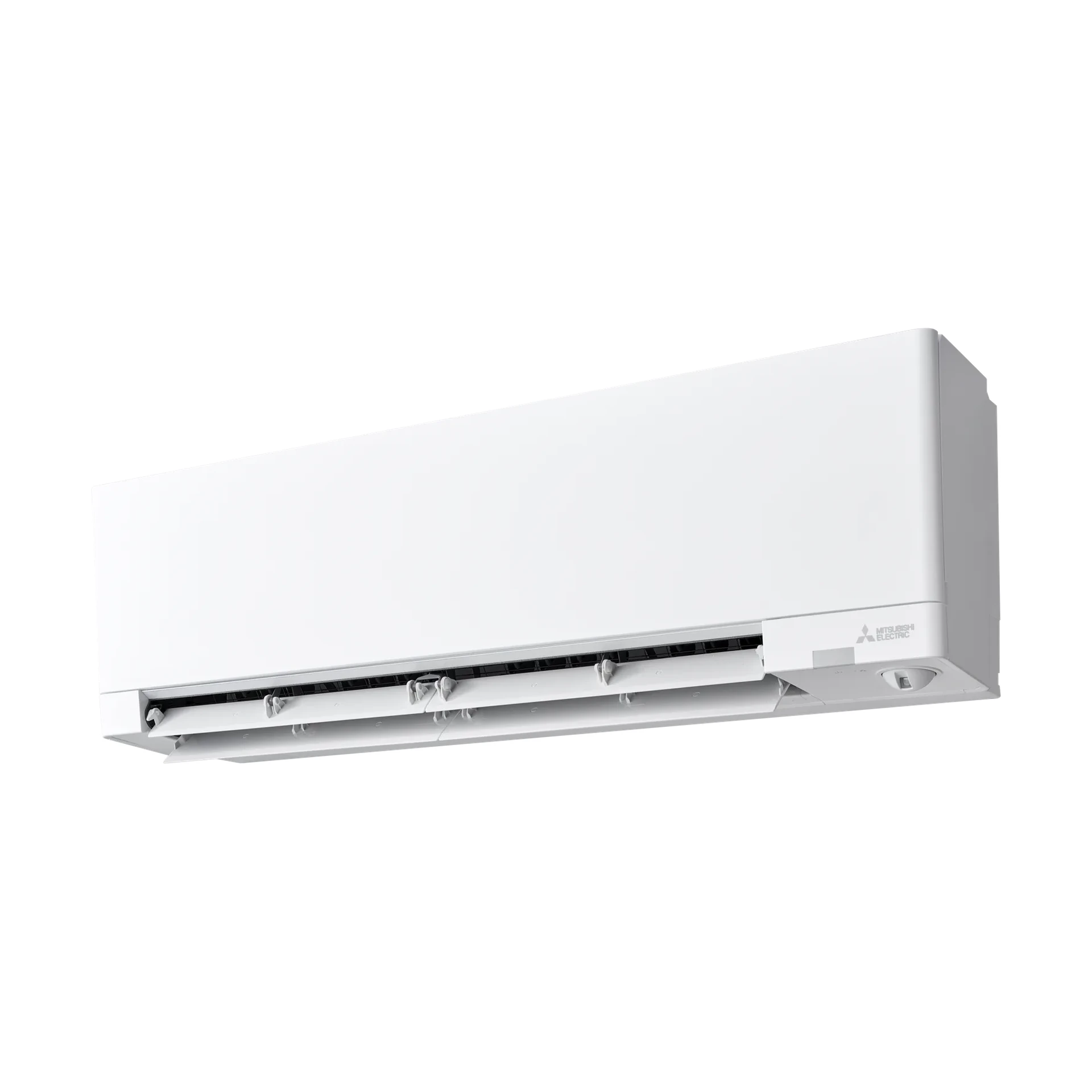 Mitsubishi Electric RZ35 – valkoinen RZ-sarjan sisäyksikkö sivuviistosta, ilmanohjaimet auki.
