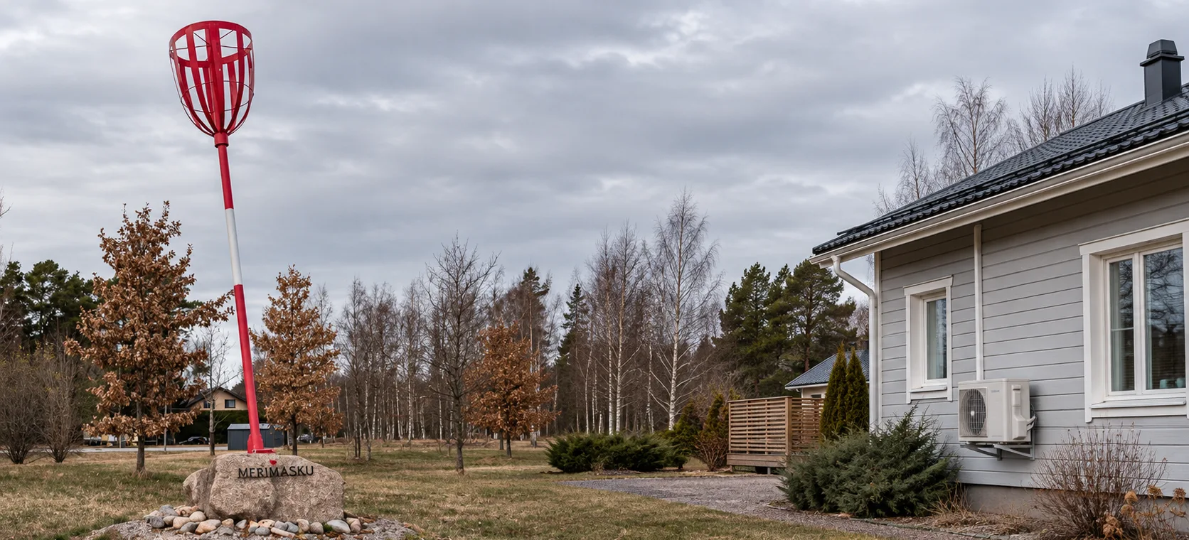 Havainnekuva Merimaskun kylämerkistä ja erillistalon ilmalämpöpumpun ulkoyksiköstä.